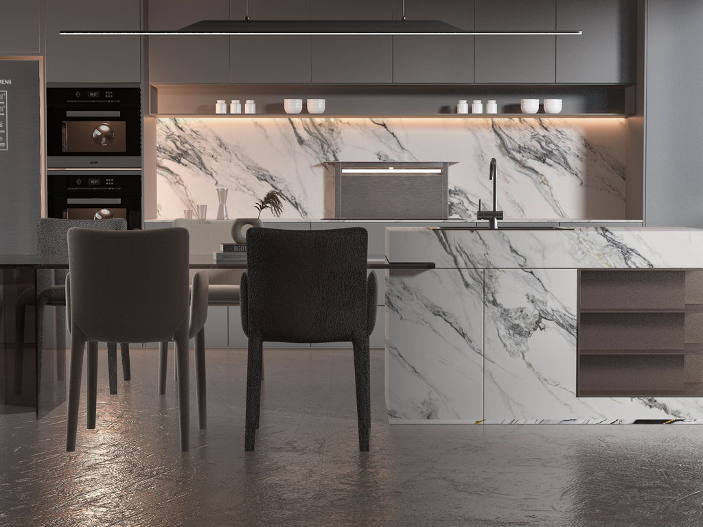 Modern kitchen with white marble wall panels and marble island backsplash