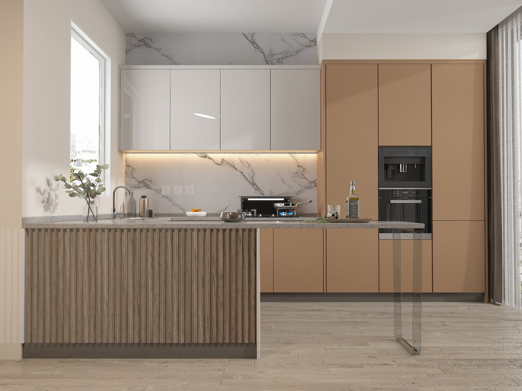 Royal Oak fluted panels cladding a kitchen island in a modern kitchen with warm beige cabinetry