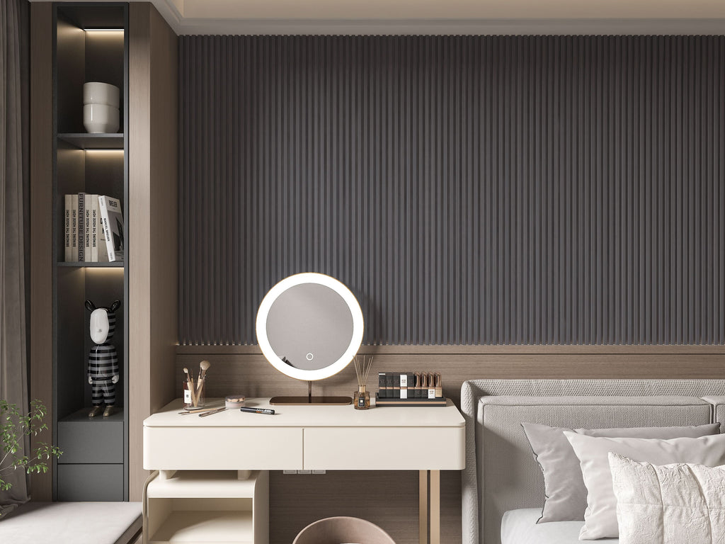 Oak Gray WPC fluted wall panel used as bedroom accent wall
