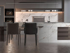Modern kitchen with white marble backsplash and soft gold veining