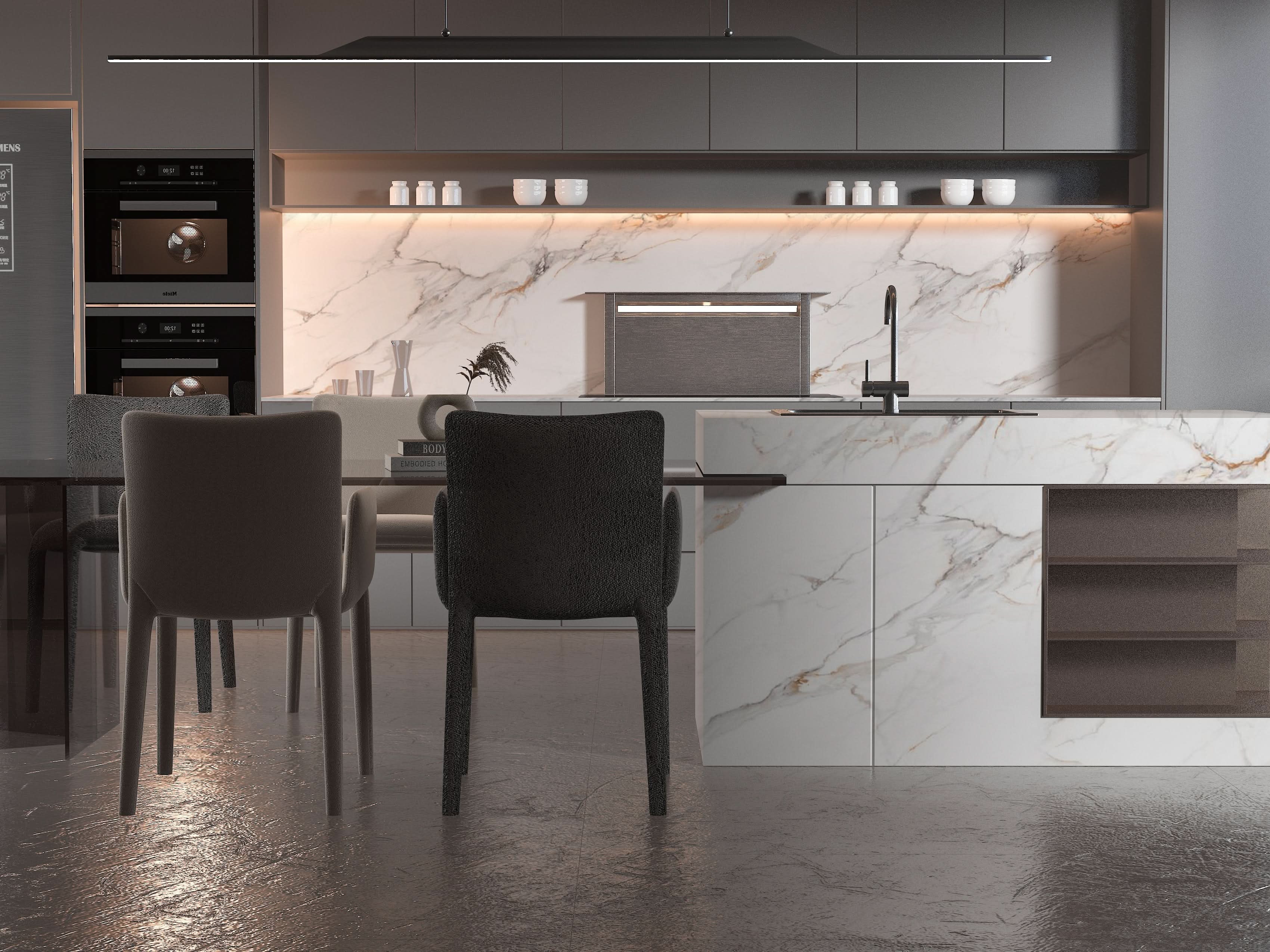 Modern kitchen with white marble backsplash and soft gold veining