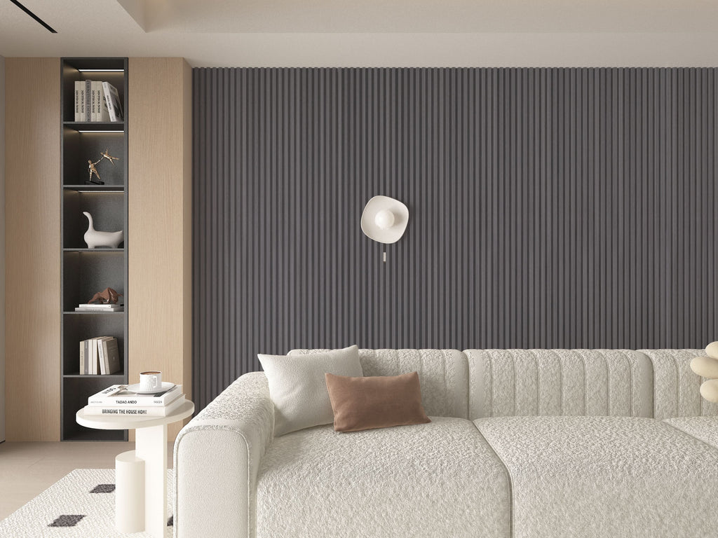 Oak Gray WPC fluted wall panel installed as living room accent wall