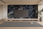 Modern living room TV wall with black marble wall panels and gold veining