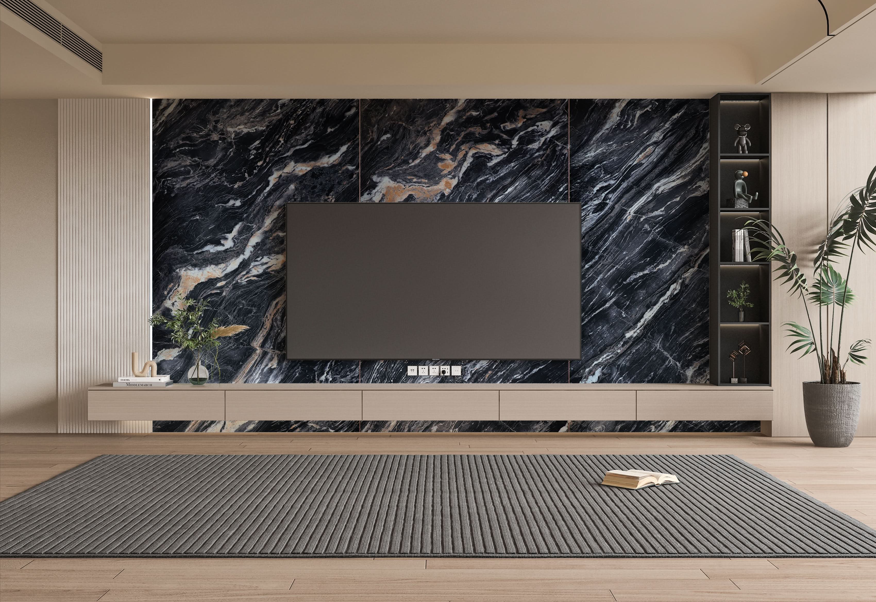 Modern living room TV wall with black marble wall panels and gold veining