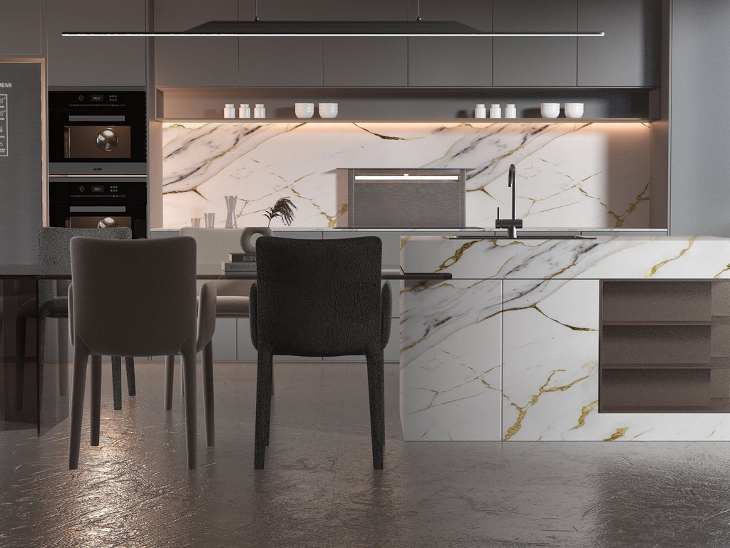 Modern kitchen with gold vein white marble PVC wall panels and marble island cladding