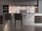 Modern kitchen with gold vein white marble PVC wall panels and marble island cladding