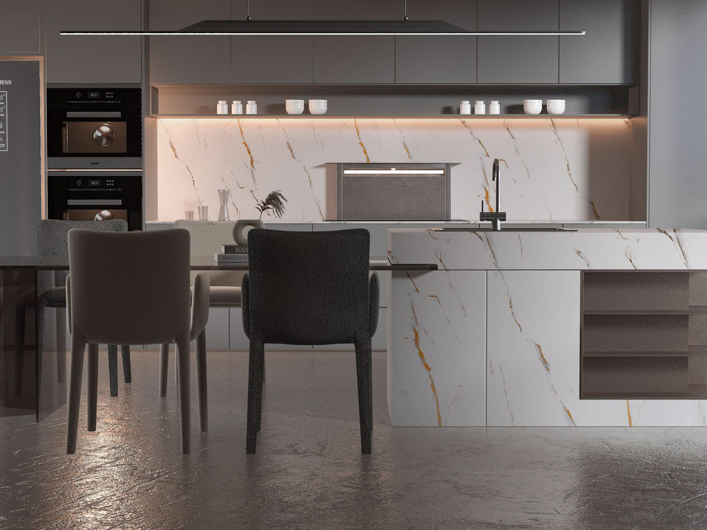 Kitchen with Caramel Vein marble PVC wall panels and subtle gold veining