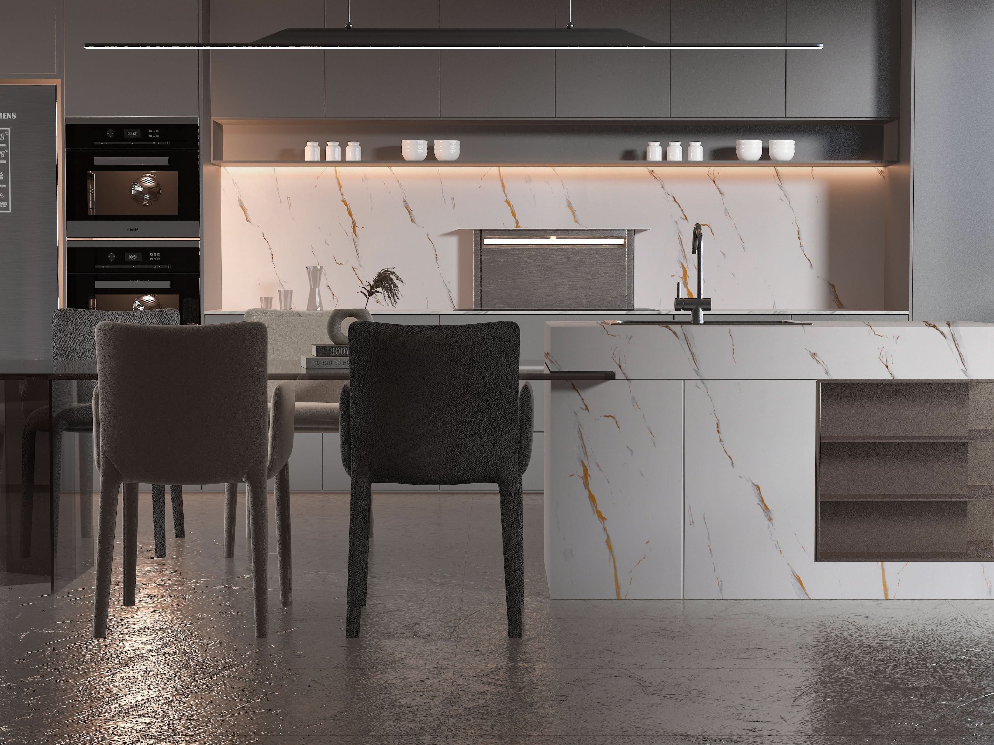 Kitchen with Caramel Vein marble PVC wall panels and subtle gold veining
