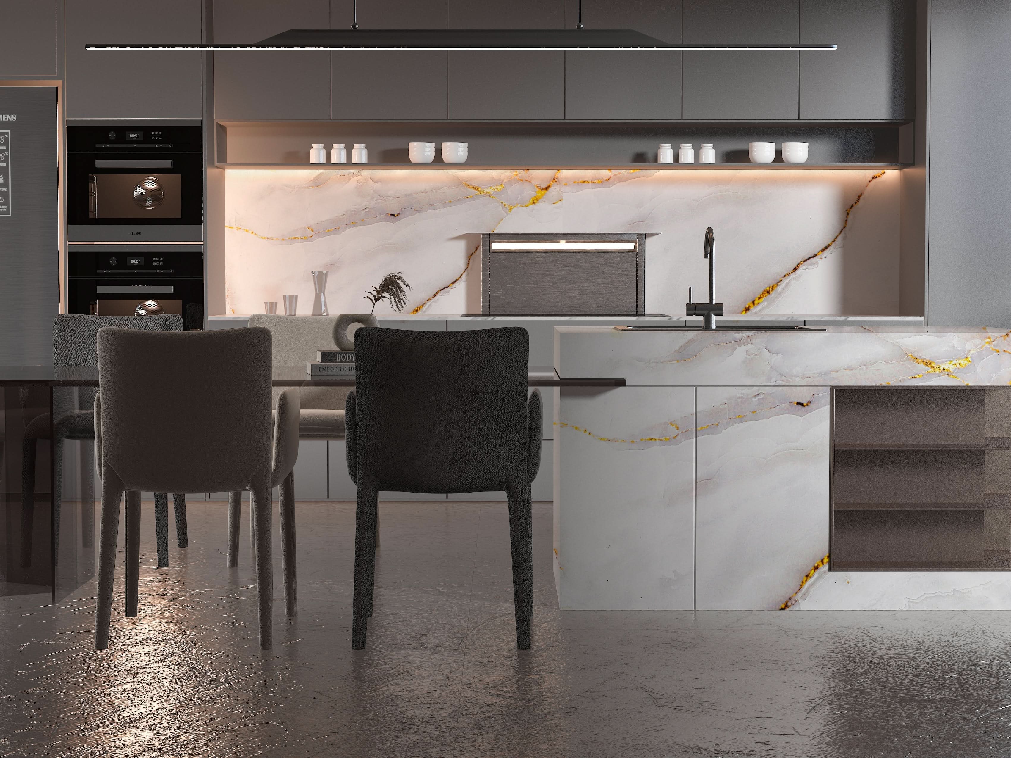 Kitchen with Empress Gold polished marble PVC wall panels and island cladding