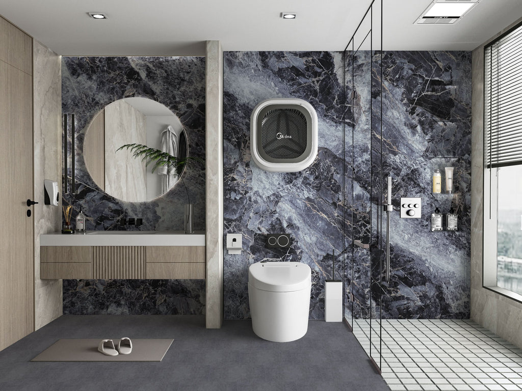 Modern bathroom with dark grey marble wall panels and glass shower enclosure