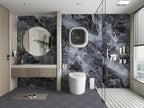 Modern bathroom with dark grey marble wall panels and glass shower enclosure