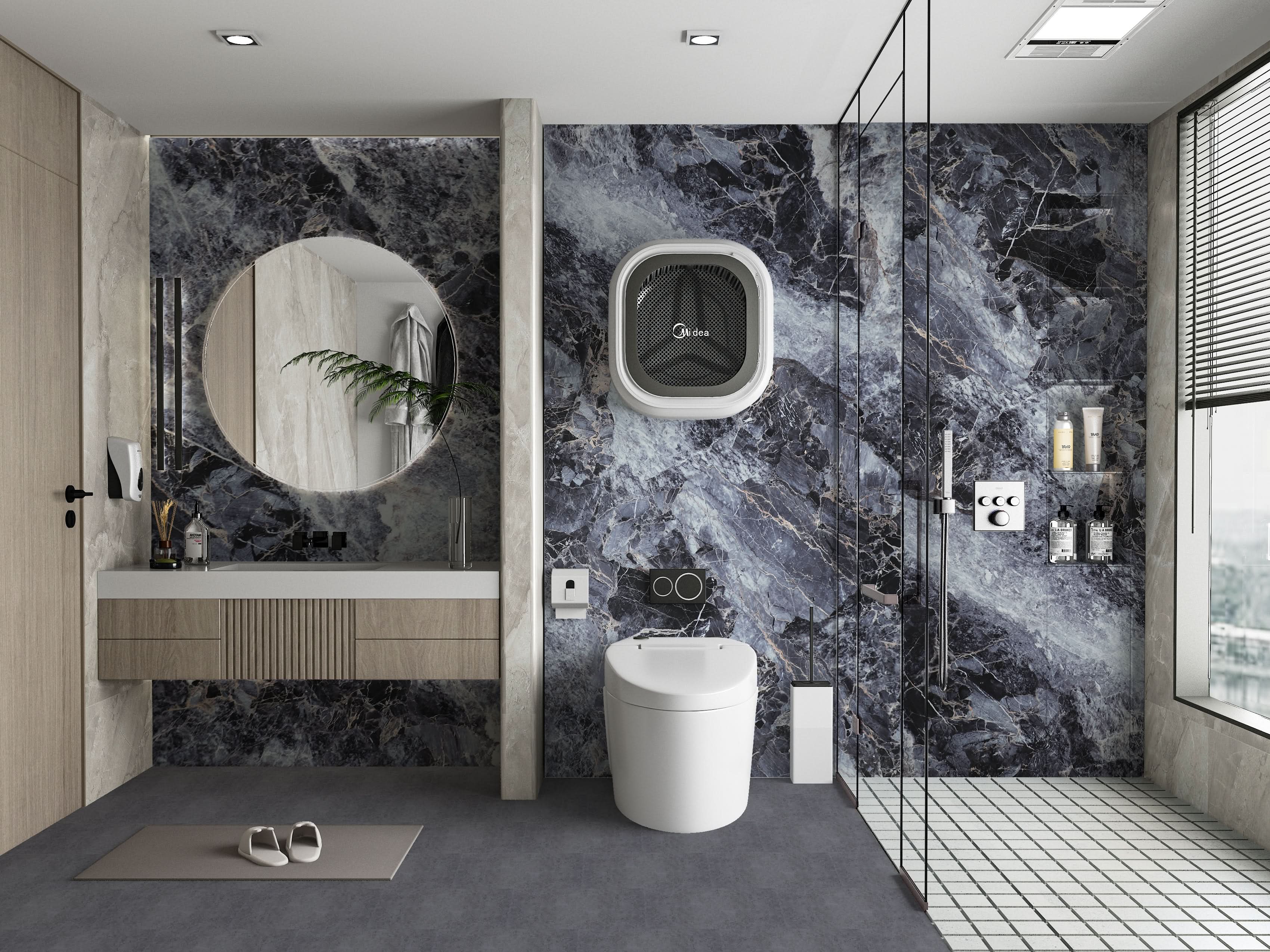 Modern bathroom with dark grey marble wall panels and glass shower enclosure