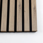 Close-up of five white wood veneer slats with natural grain and black acoustic backing