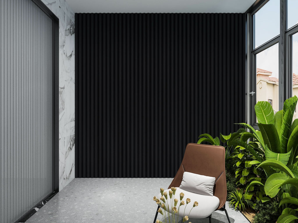 Luxe Noir black WPC fluted 3D wall panels modern accent wall with indoor greenery