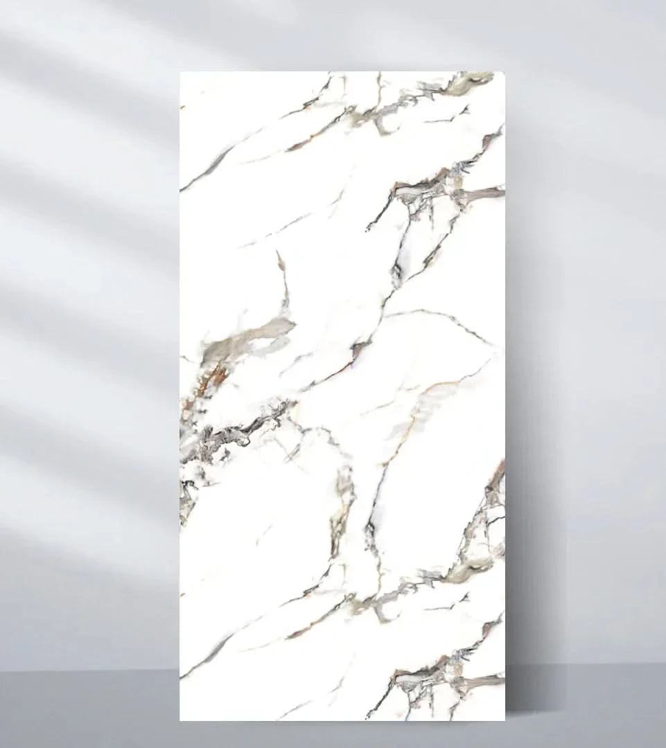White marble veneer wall panel with soft gold and grey veining Main image