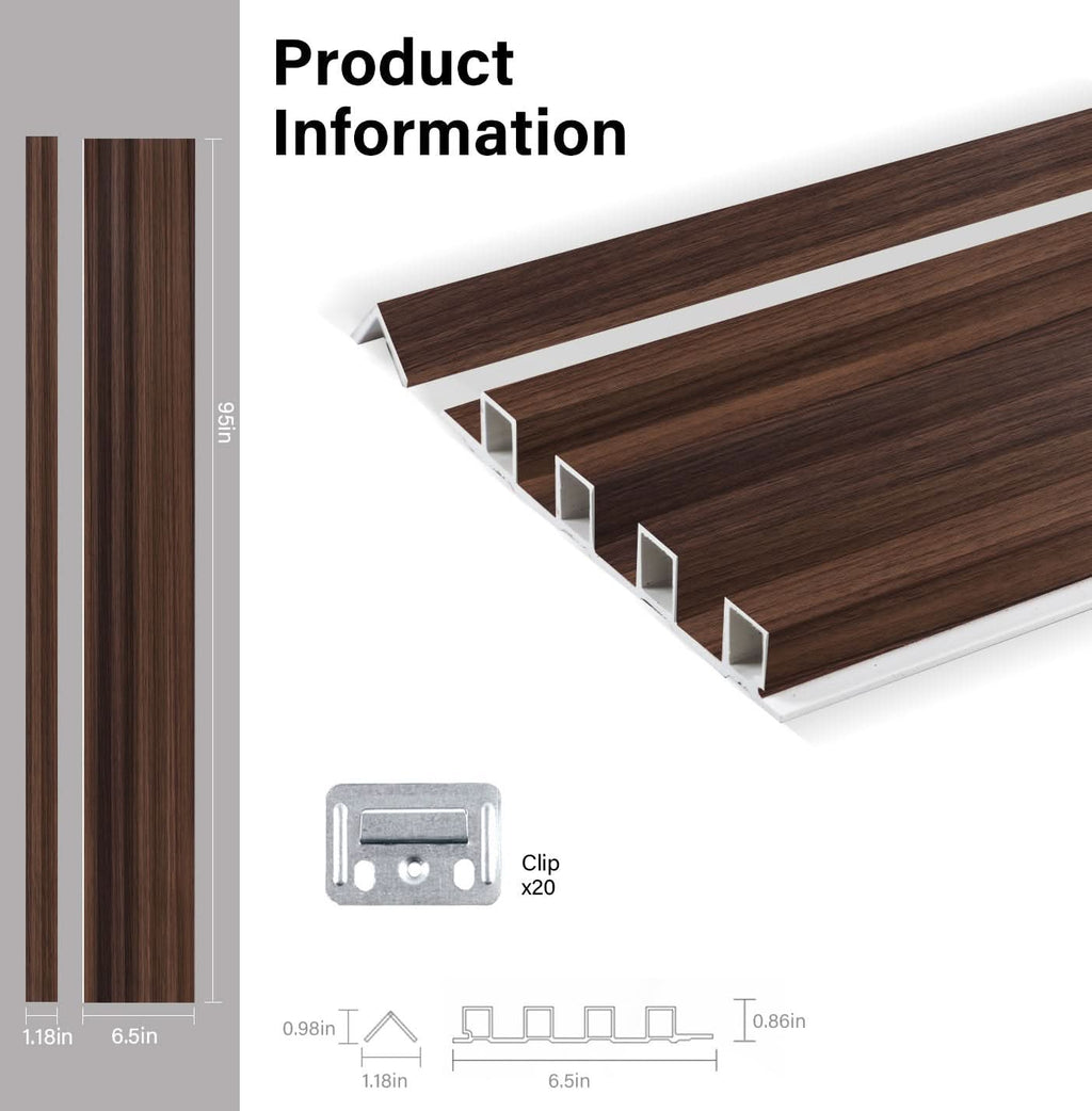 Dark smoky oak WPC fluted 3D wall panel product specifications with dimensions and installation clip