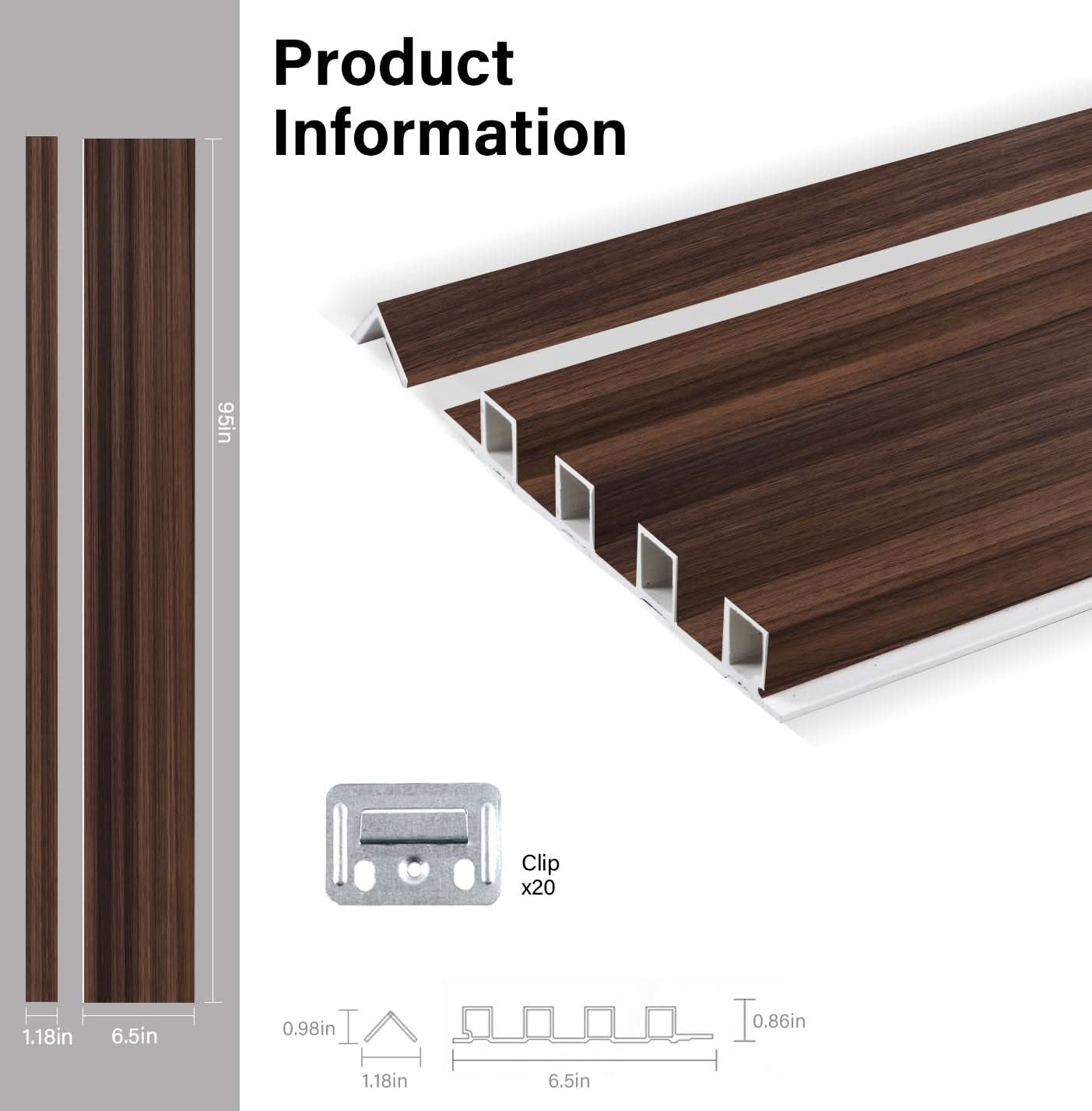 Dark smoky oak WPC fluted 3D wall panel product specifications with dimensions and installation clip