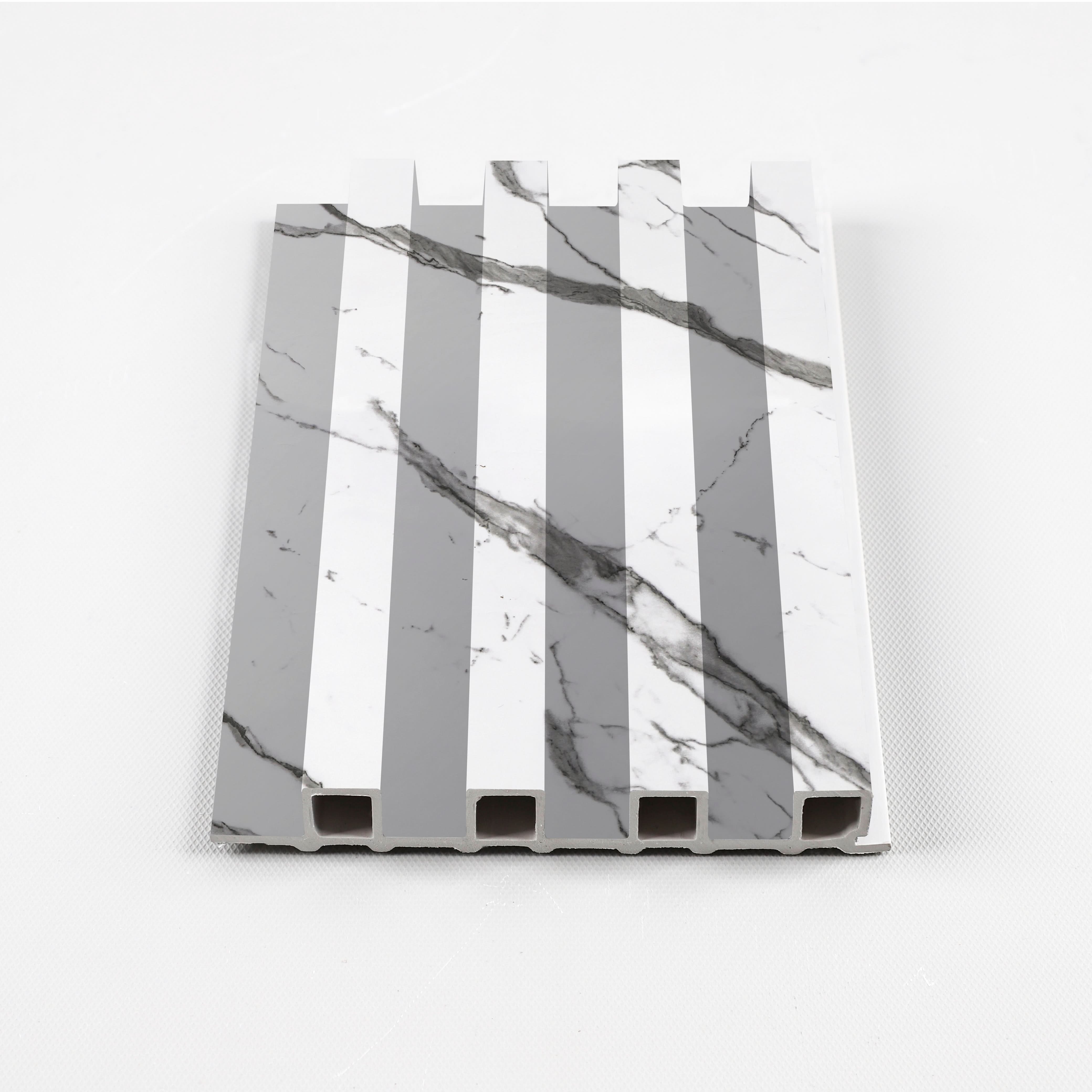 White marble WPC fluted 3D wall panel cross section with gray veining Main image