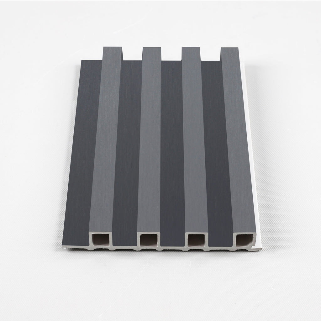 Silver Gray Metallic WPC fluted 3D wall panel with modern wood-grain texture