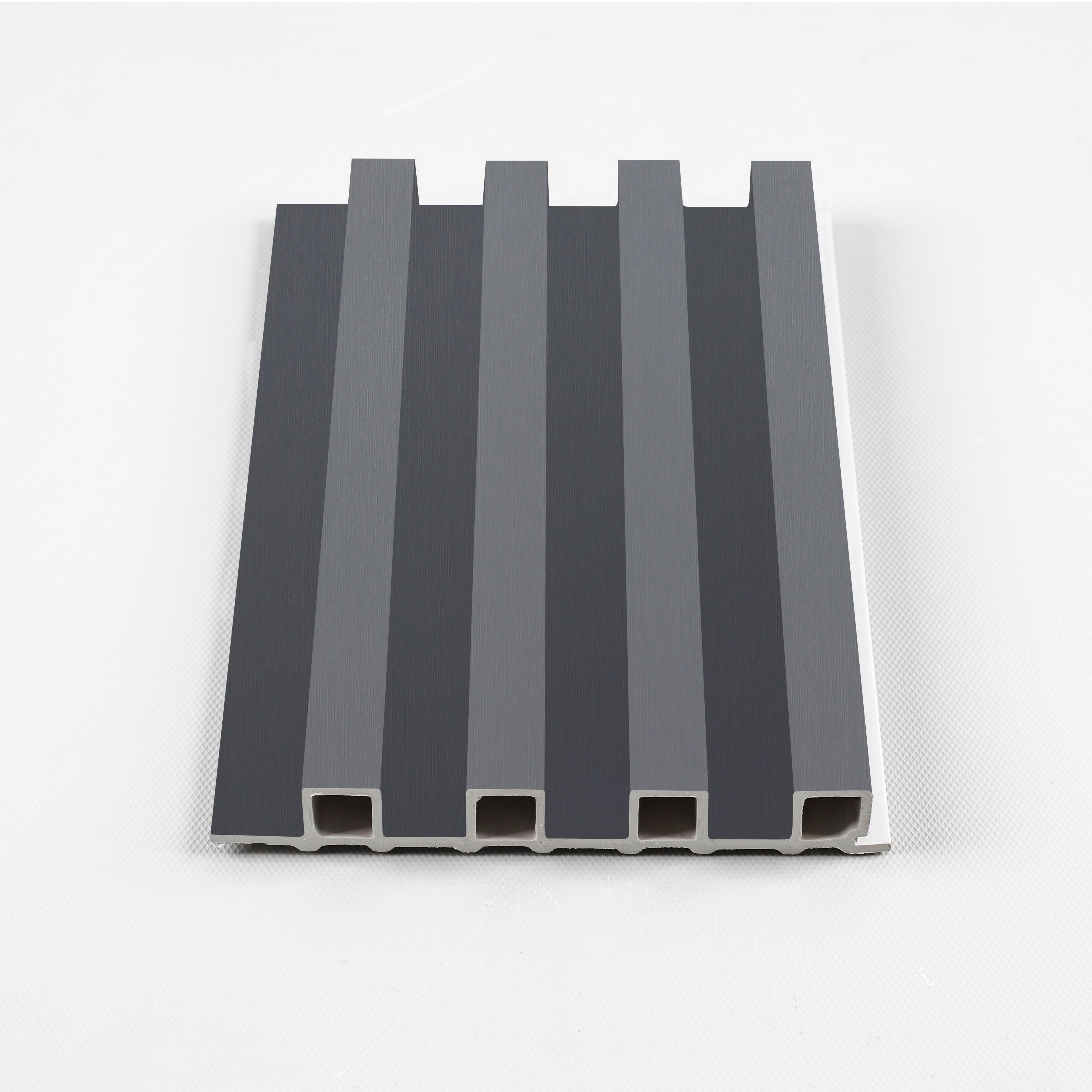 Silver Gray Metallic WPC fluted 3D wall panel with modern wood-grain texture