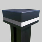 Solar LED fence post cap with white light band mounted on black aluminum post