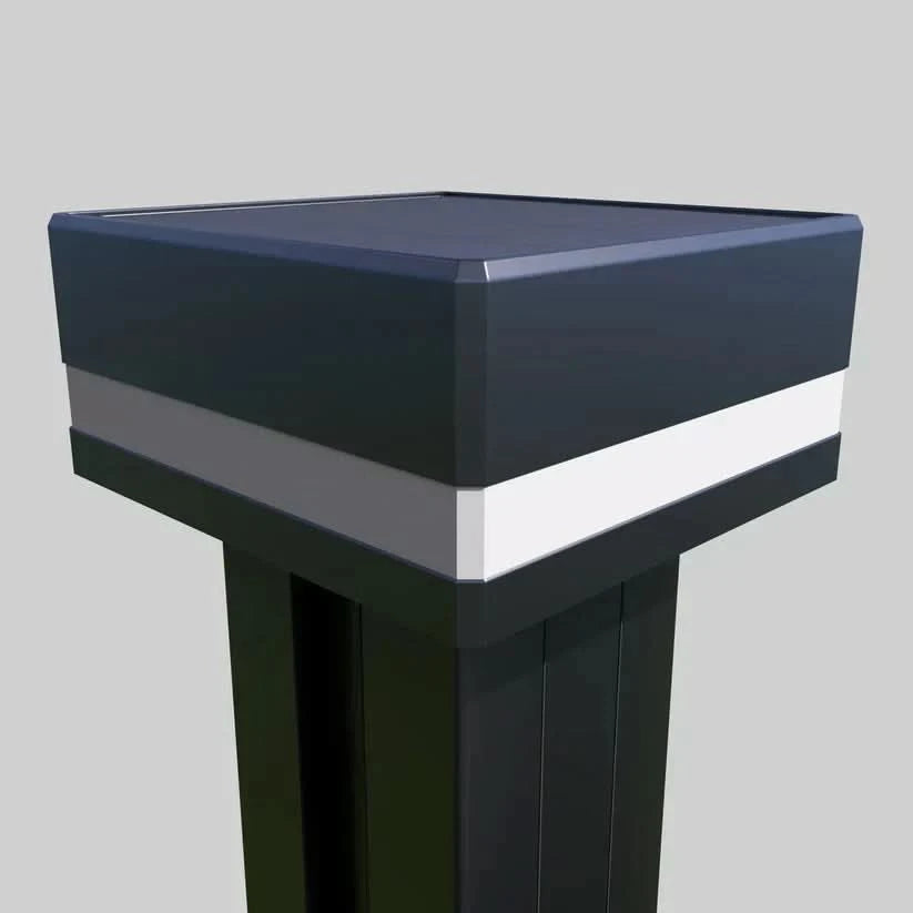 Solar LED fence post cap with white light band mounted on black aluminum post