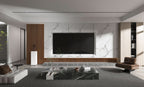 Luxury living room TV wall with white marble panels, subtle gray veining, and vertical wood slat accents