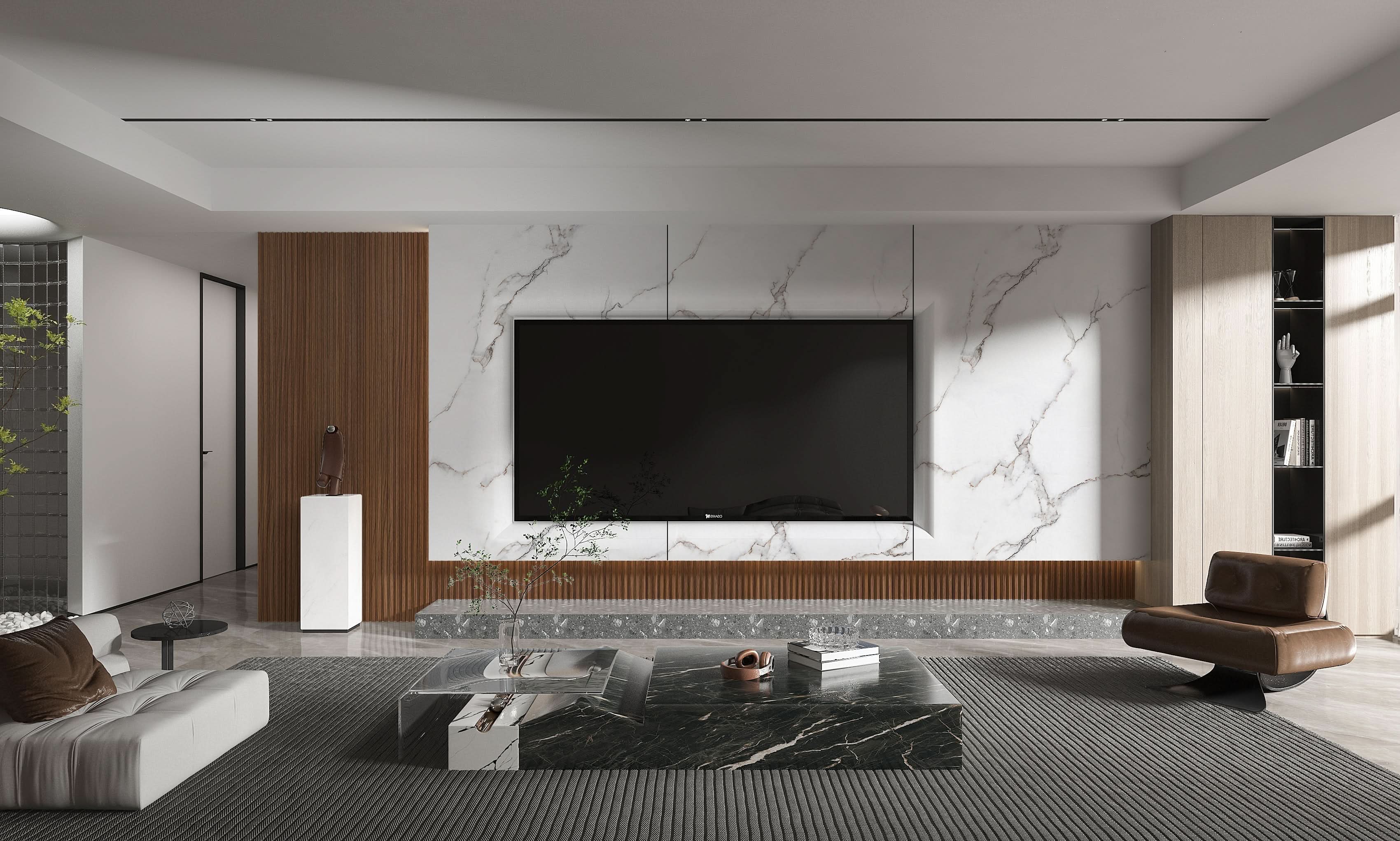 Luxury living room TV wall with white marble panels, subtle gray veining, and vertical wood slat accents