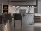 Modern kitchen with blue vein marble backsplash and waterfall island