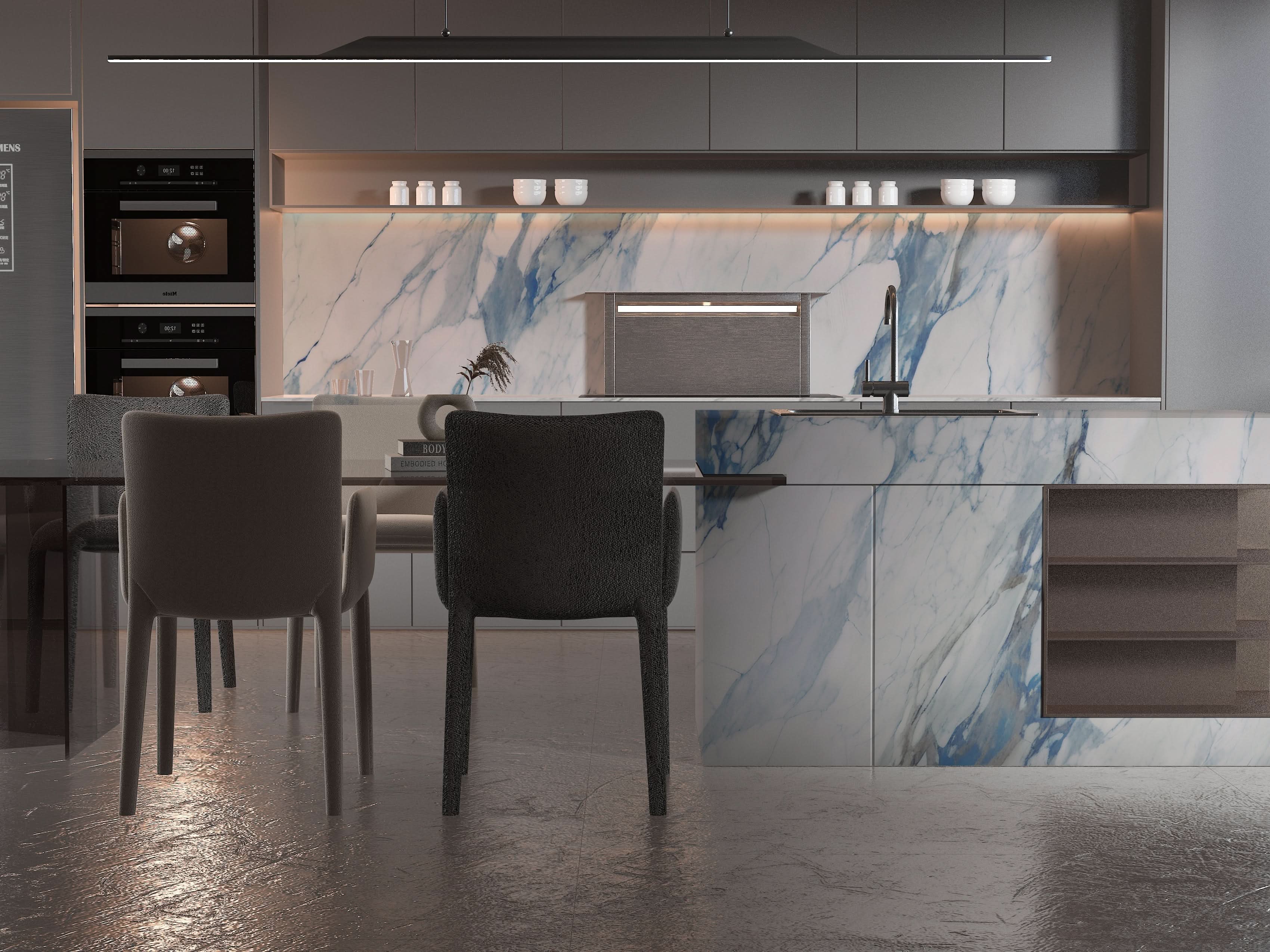 Modern kitchen with blue vein marble backsplash and waterfall island