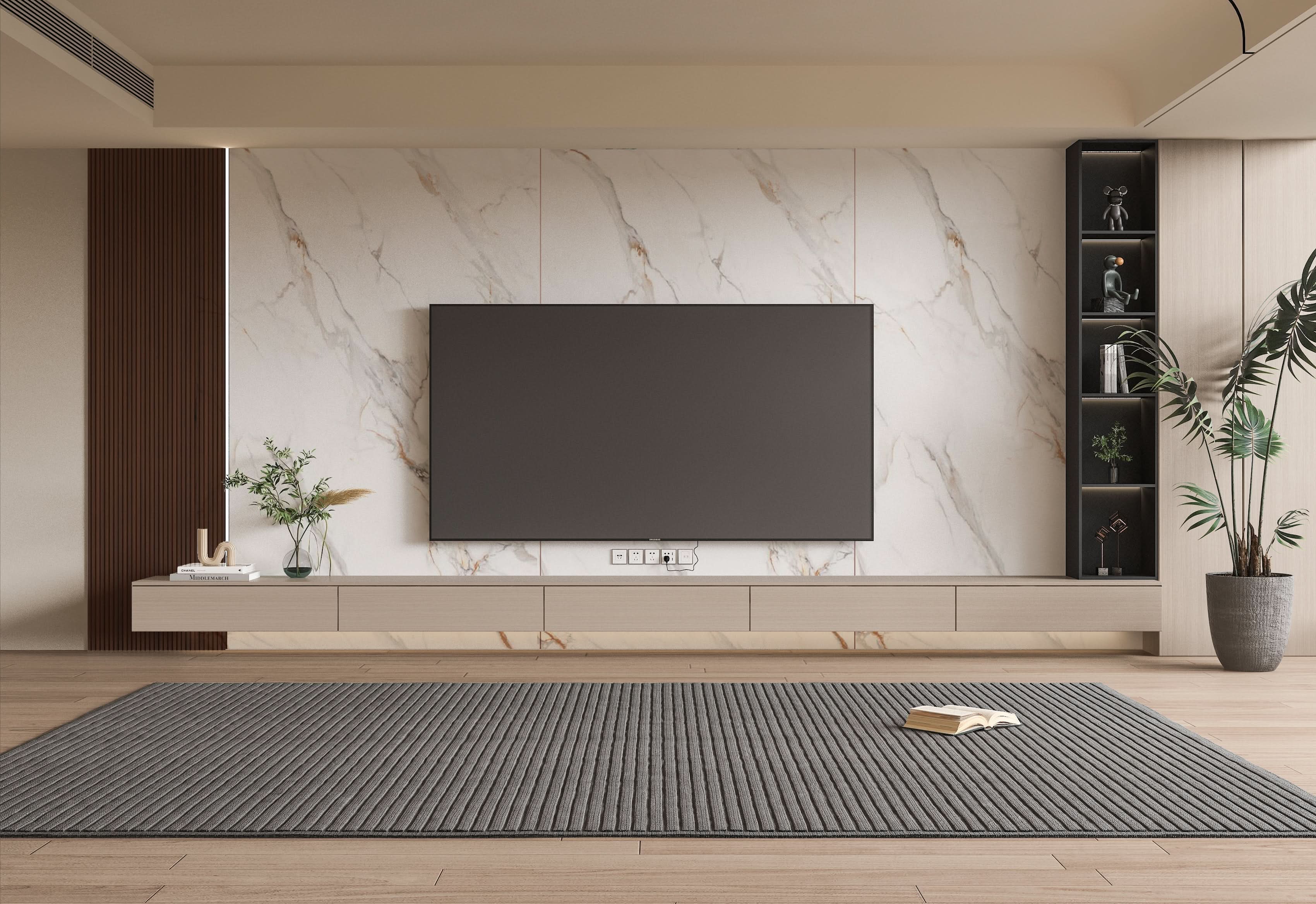White marble PVC wall panel with subtle gold veining used on modern TV accent wall