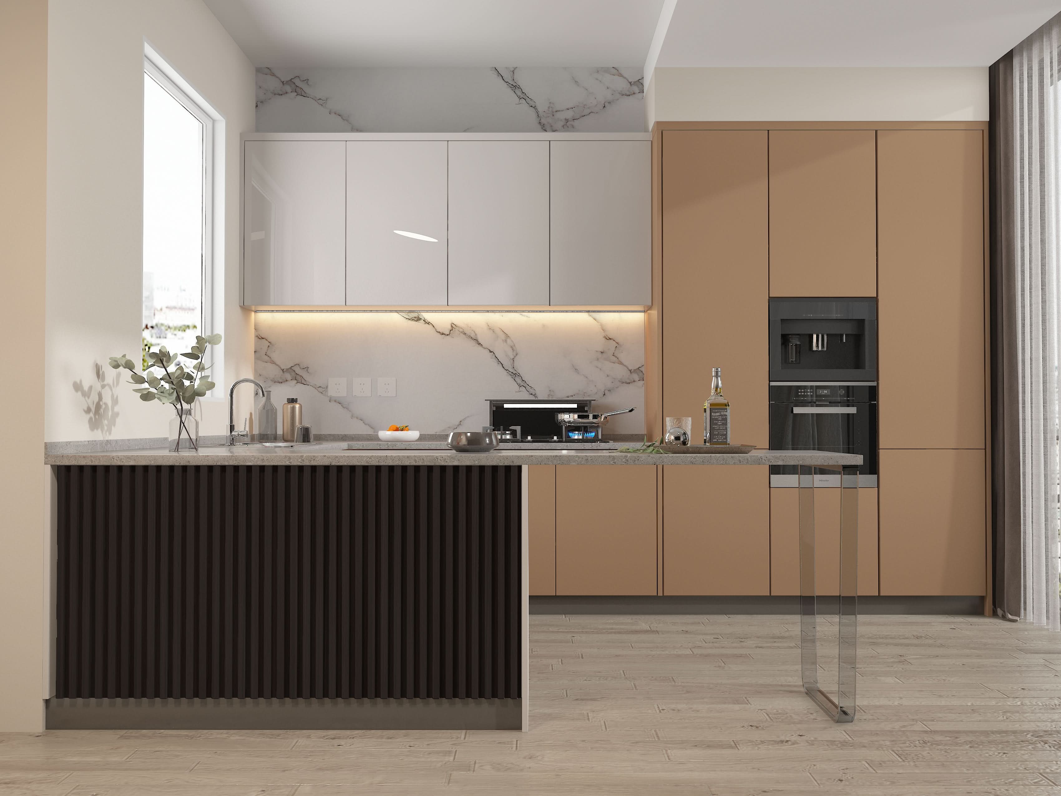 Walnut Ink WPC fluted wall panel used on modern kitchen island front