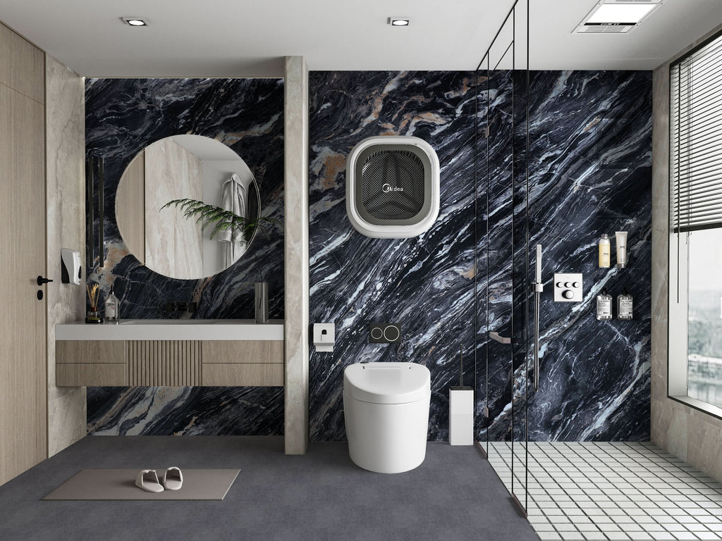 Modern bathroom with black marble wall panels and glass shower enclosure