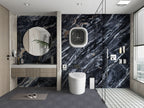 Modern bathroom with black marble wall panels and glass shower enclosure