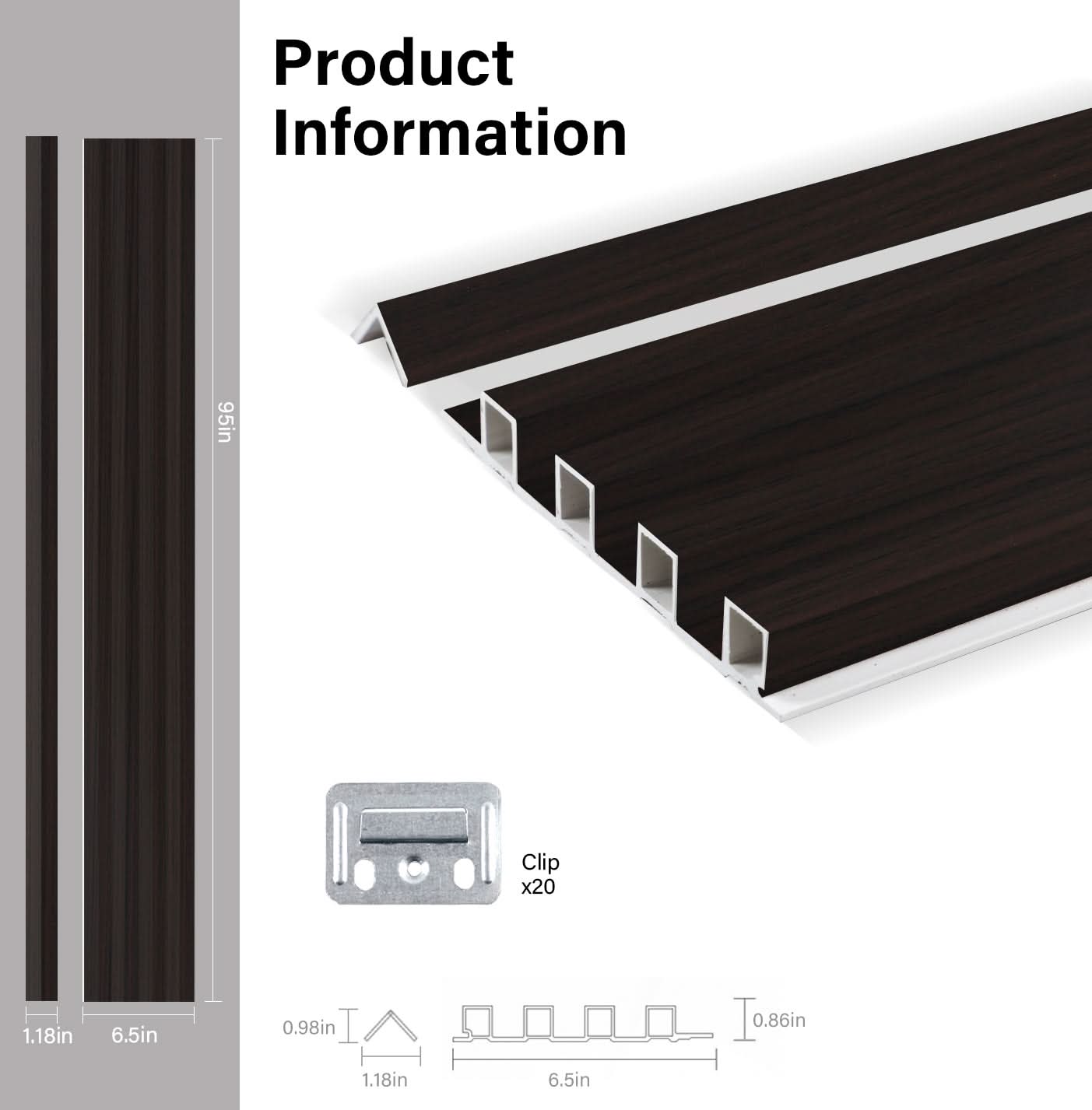 Walnut Ink WPC fluted wall panel dimensions and profile