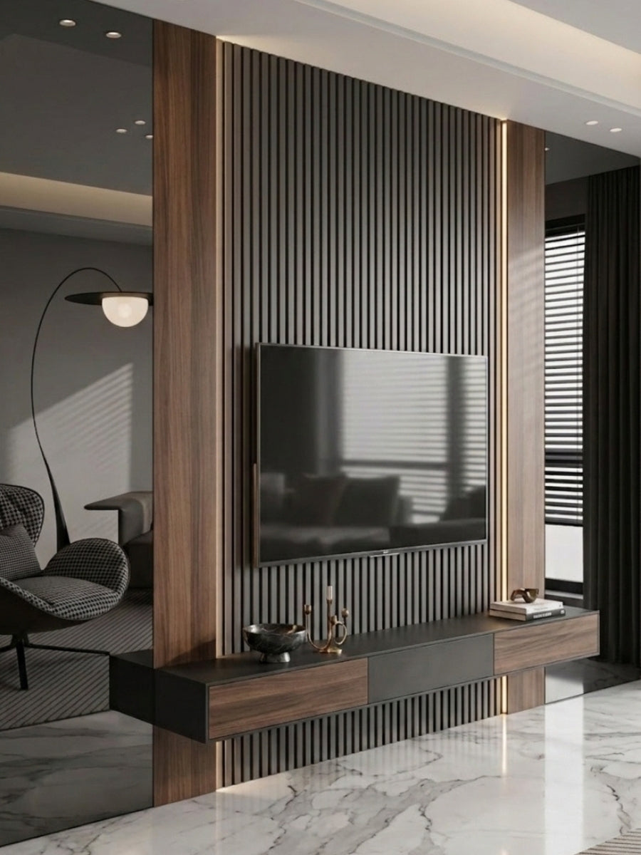 Gray Mirror Wood Veneer Panel integrated into a slatted TV feature wall with warm wood trim