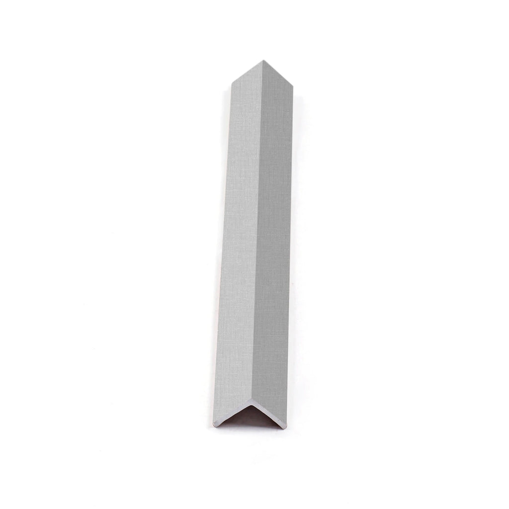 Gray aluminum outside corner trim for wall panels, vertical edge profile on white background