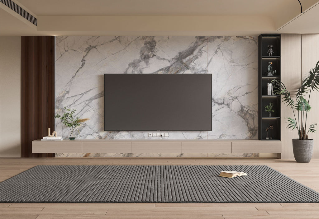 3D White Wave Azure PVC marble sheets installed on modern TV wall, waterproof 4x8 ft panels
