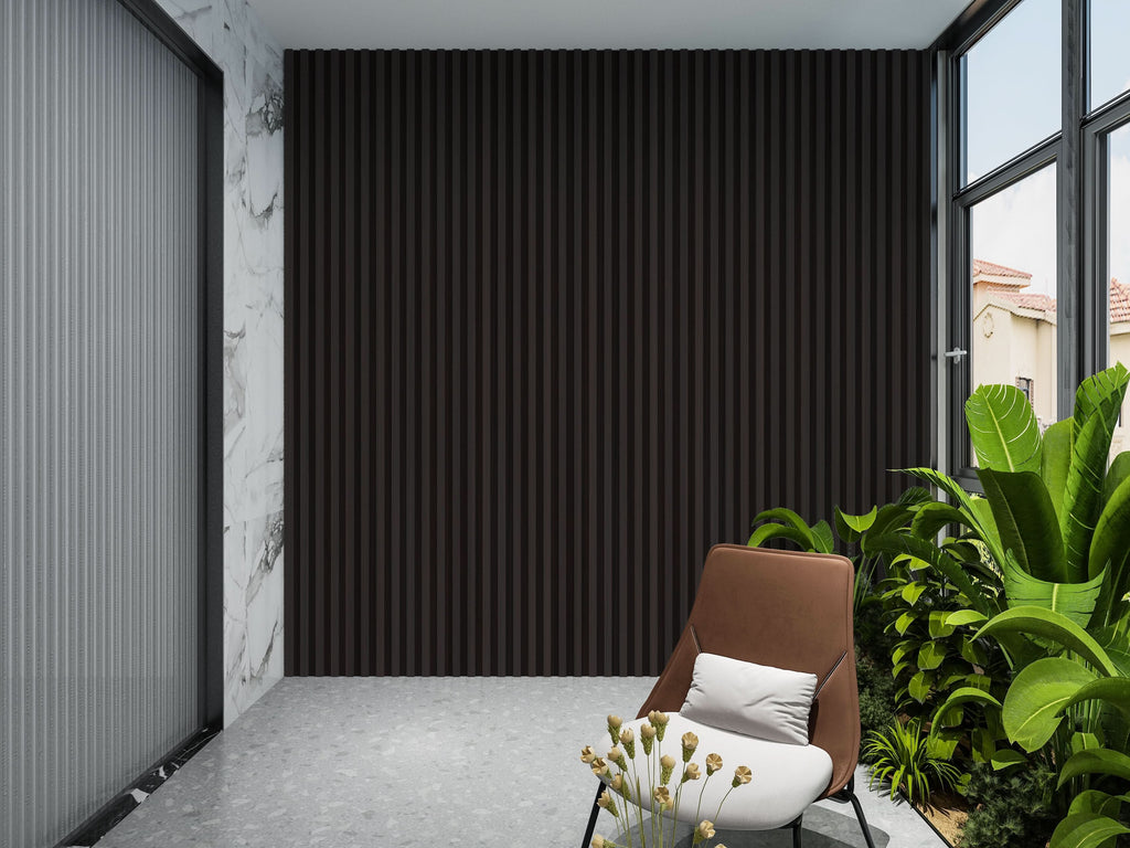 Walnut Ink WPC fluted wall panel used as modern interior accent wall