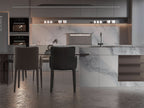 Modern kitchen with light grey marble backsplash and waterfall island