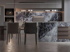 Modern kitchen with dark grey marble backsplash and waterfall island