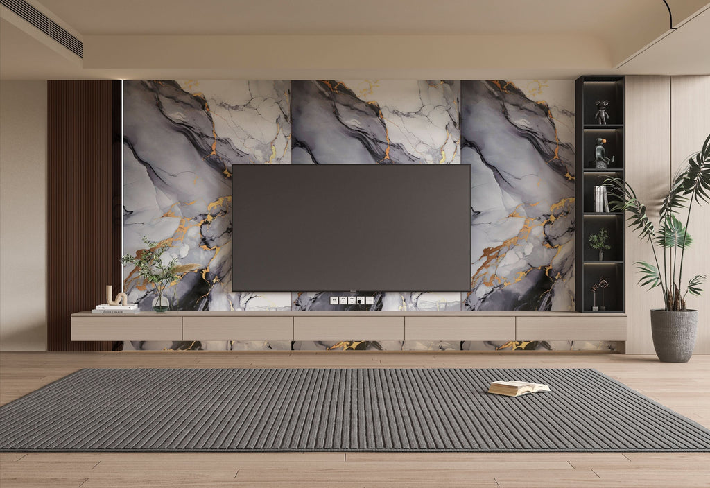Living room TV wall with Blue Mist marble PVC wall panels featuring gray blue tones and gold veining