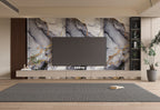 Living room TV wall with Blue Mist marble PVC wall panels featuring gray blue tones and gold veining
