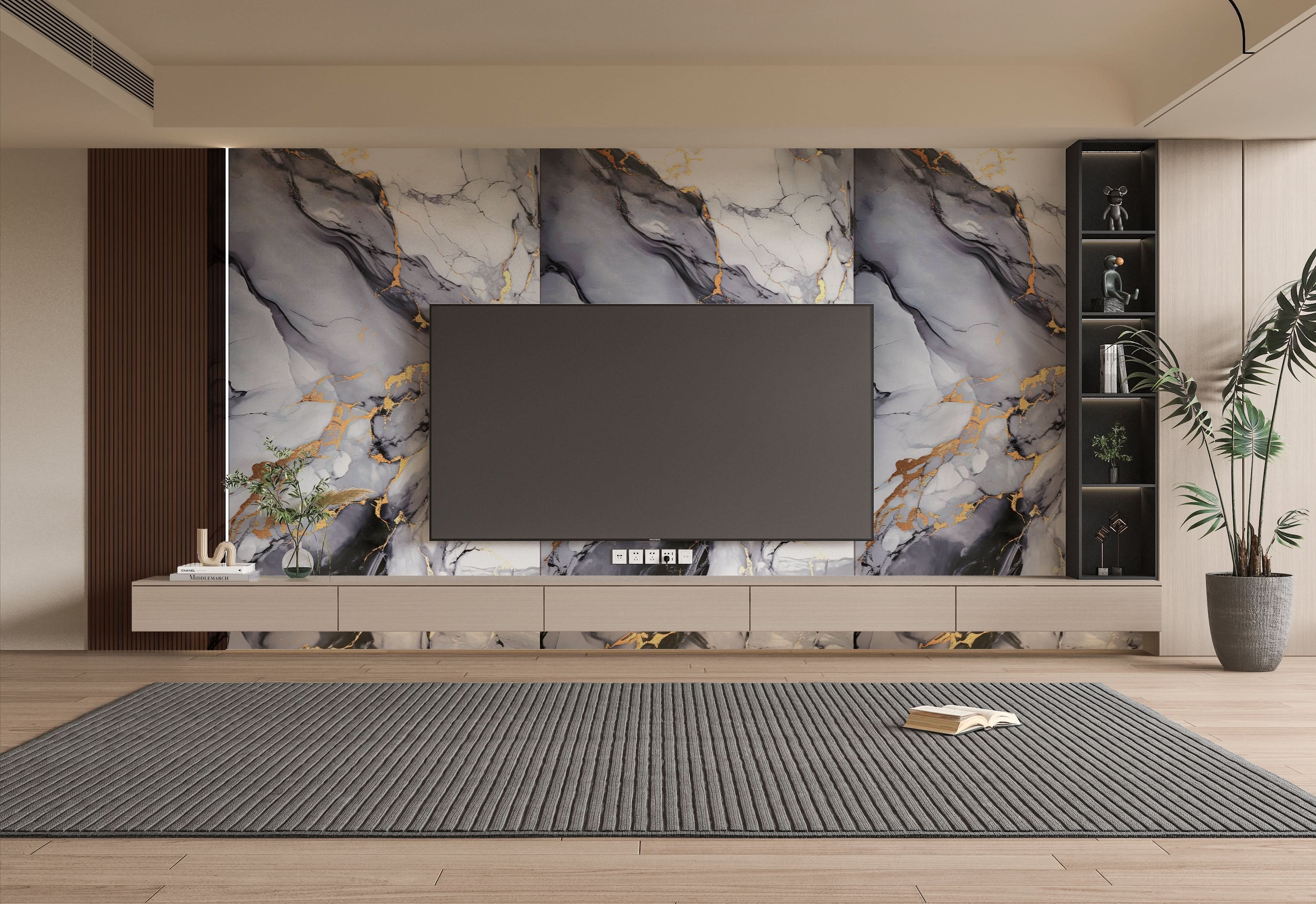 Living room TV wall with Blue Mist marble PVC wall panels featuring gray blue tones and gold veining