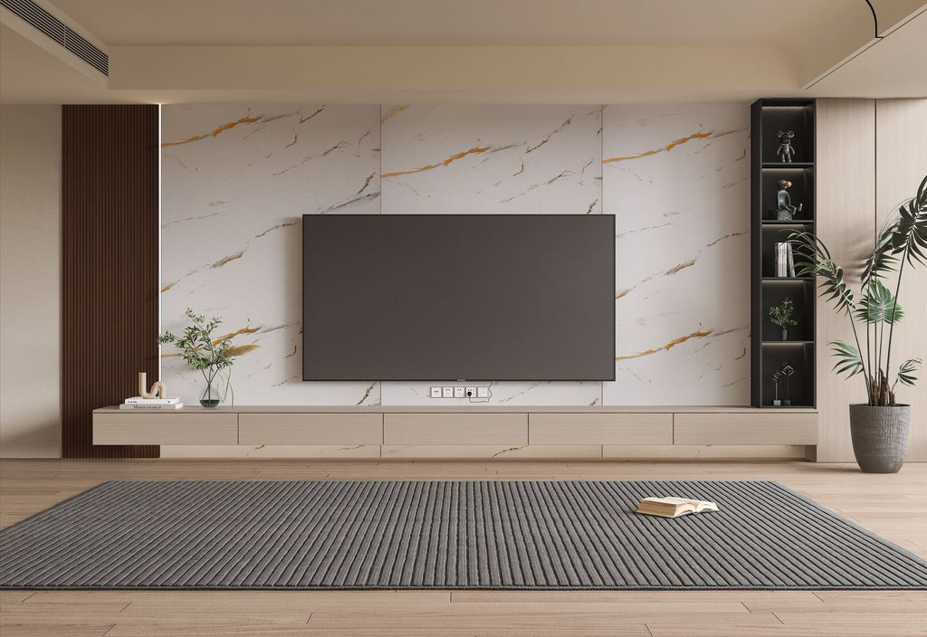Living room TV wall with Caramel Vein marble PVC wall panels