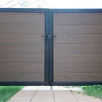 Brown composite double gate with aluminum frame and horizontal slat design
