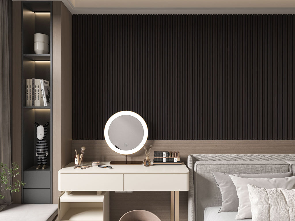 Walnut Ink WPC fluted wall panel used as bedroom accent wall