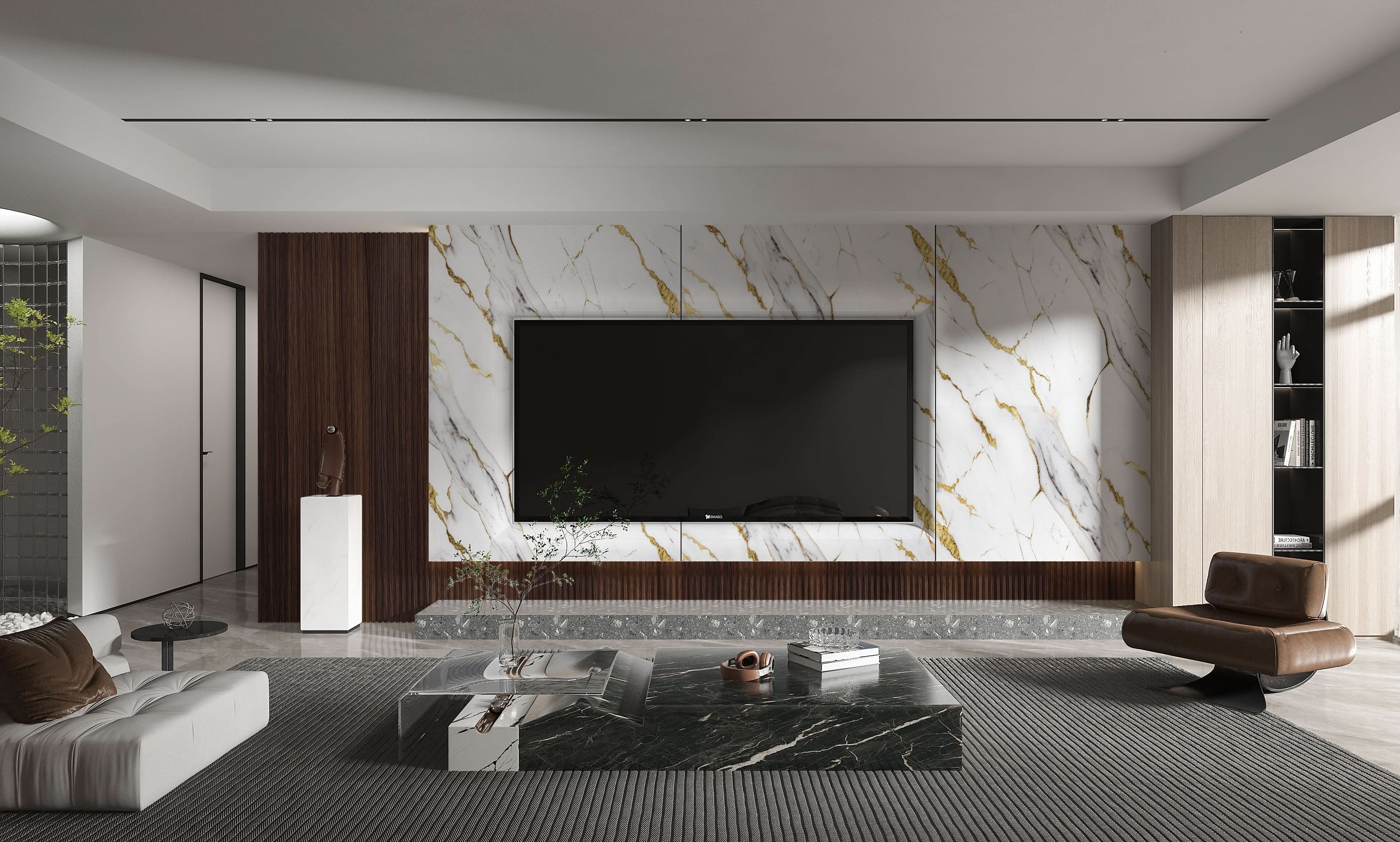 Modern living room with gold vein white marble PVC TV wall panels and wood accent detailing