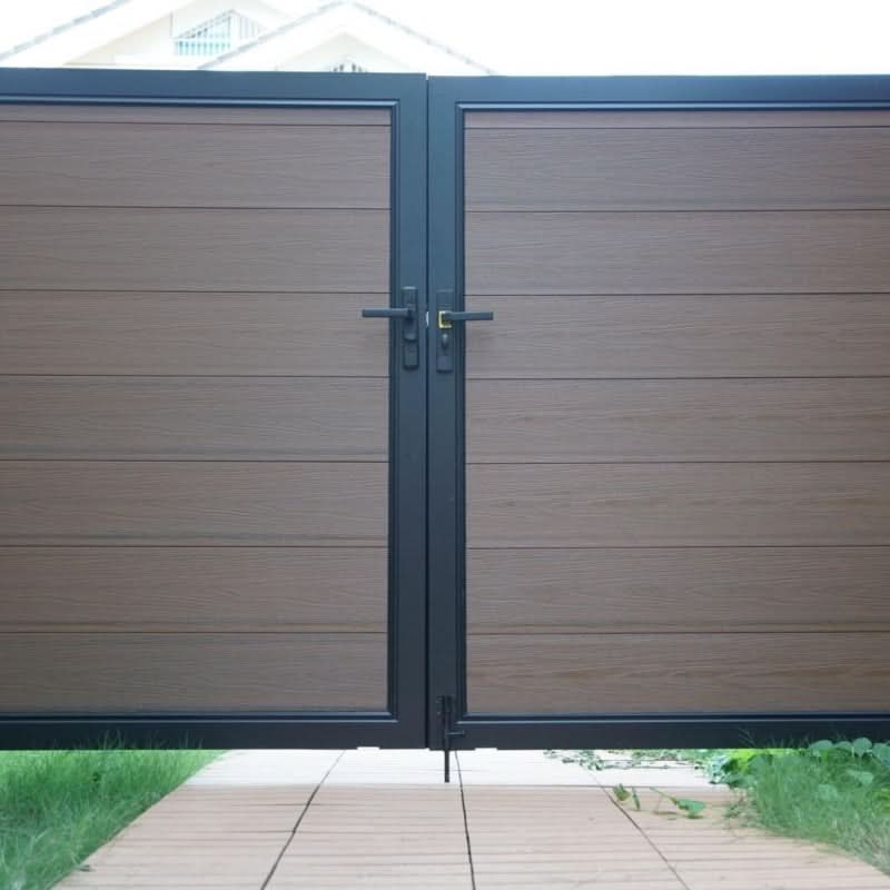 Brown composite double driveway gate with aluminum frame