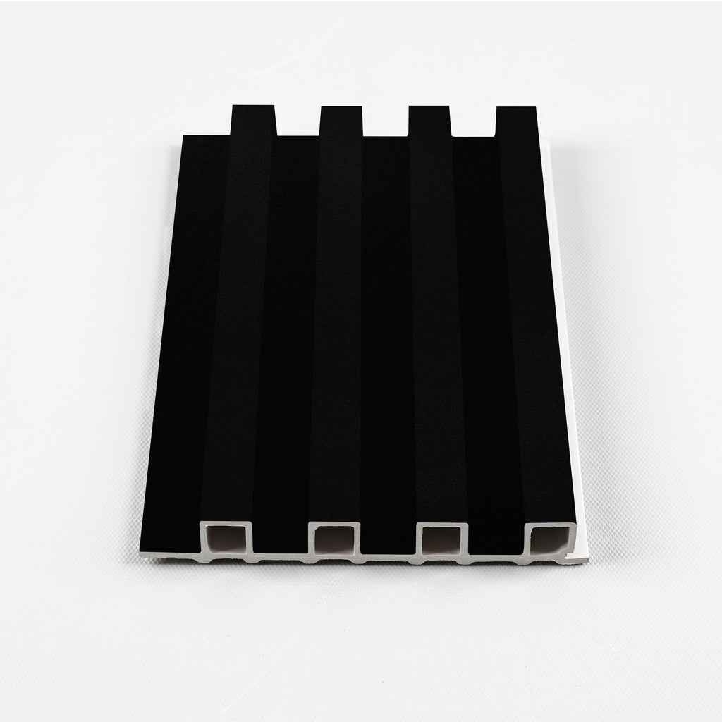 Luxe Noir black WPC fluted 3D wall panel with modern vertical groove design